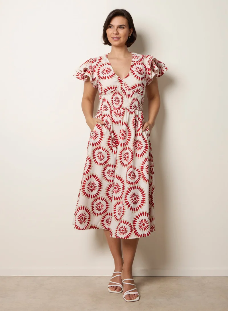 بلو فانيلا V Neck Frill Sleeve Printed Midi Dress